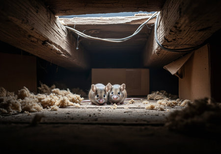 Symmetrical view of two small house mice huddled together for warmth and safety in a narrow, dusty space between wooden attic beams.の素材