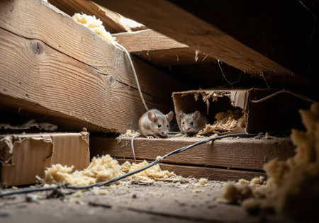 Two curious house mice peeking from a chewed cardboard box in a rustic attic, indicating a pest infestation problem.の素材
