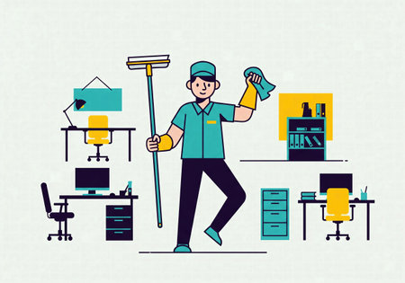 Friendly janitor with cleaning supplies standing in a modern office. Minimalist vector illustration of a commercial cleaning service.の素材
