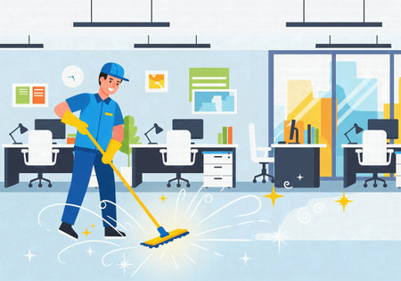Happy janitor cleaning a sparkling floor in a modern office. Vector illustration of a professional commercial cleaning service.の素材