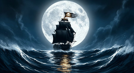 Pirate ship sailing on a stormy sea, silhouetted against a giant full moonの素材