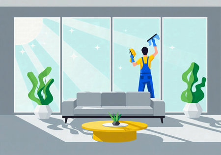 Professional window cleaner in uniform washing large windows with a squeegee in a modern, sunny living room. Vector illustration of a cleaning service.の素材