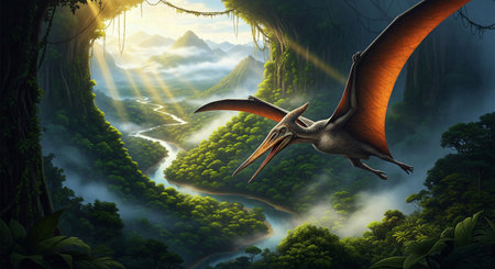 A Pteranodon soaring through a lush, misty prehistoric jungle valley at sunriseの素材