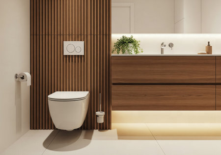 A modern bathroom with a wooden slat accent wall, a wood vanity, and a wall-hung toiletの素材