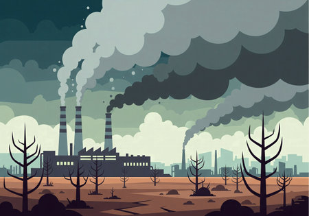 A pixel art illustration of an industrial factory polluting a dead and barren landscapeの素材