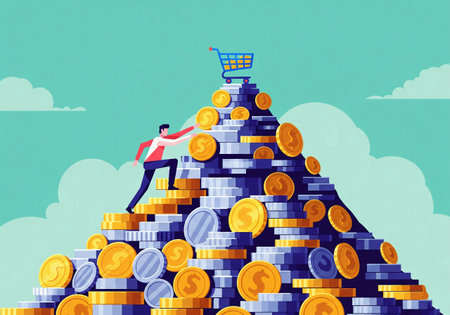 An illustration of a man climbing a mountain of coins to reach a shopping cart, symbolizing consumer goalsの素材