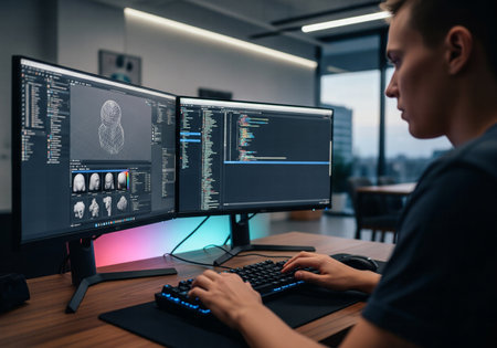 A young man working as a 3D artist or programmer on a multi-monitor computer setup in an officeの素材