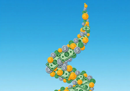 An illustration of a rising stream of cash and coins, representing wealth and cash flowの素材