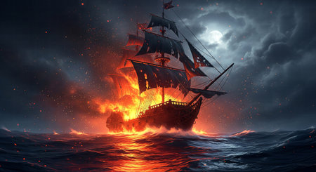 A historic sailing ship tragically engulfed in flames and sinking in a stormy sea at night under a full moon.の素材