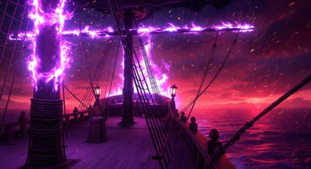 View from the deck of a ship where the mast and yardarm have become a cross of burning purple magical energy.の素材