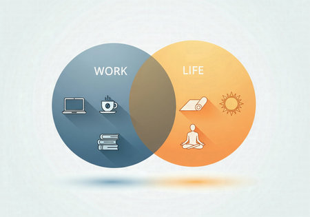 Work-life balance represented by a Venn diagram showing the intersection of career and personal life icons.の素材