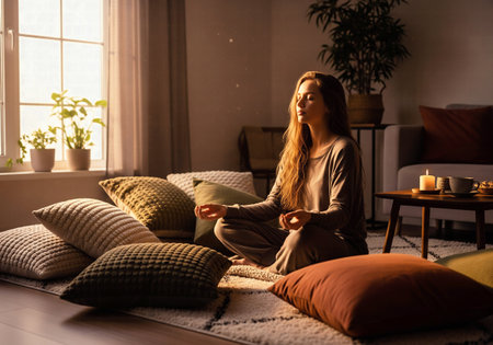 Woman finding tranquility in an evening meditation session, sitting among cozy pillows in a warm, candlelit living room.の素材
