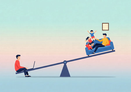 A conceptual illustration of work-life balance, showing a seesaw with a working father on one side and his happy family on the other.の素材