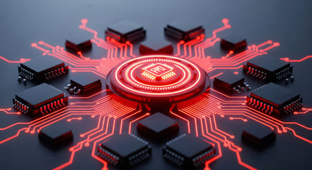 Central Core Processing Unit (CPU) Glowing Red and Connecting a Network of Microchips on a Dark Backgroundの素材
