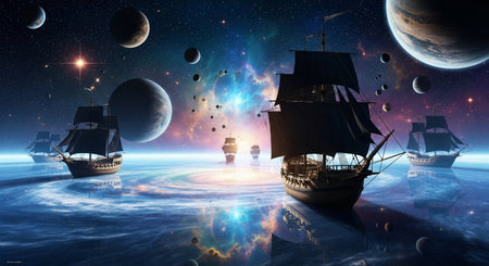 A fleet of ancient sailing ships navigating a cosmic sea, with their reflections shimmering under a sky of stars and planets.の素材