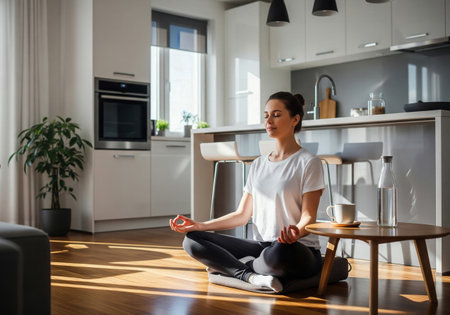 Young woman finding a moment of peace, meditating on the floor of her modern, sun-drenched kitchen and living space.の素材