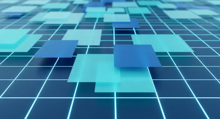 Futuristic Digital Grid Background with Floating Translucent Blue Squares in Perspective Viewの素材