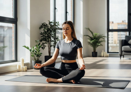 Focused young woman in athletic wear meditating on a yoga mat in a modern, spacious studio with large panoramic windows.の素材