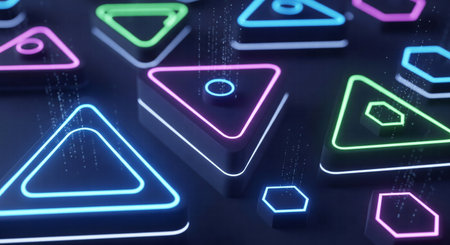 Abstract surface of glowing neon triangles and hexagons with digital data flow on a dark backgroundの素材