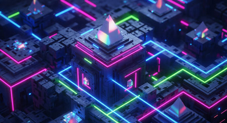 Abstract 3D city or microchip structure with glowing neon lines and central illuminated pyramidの素材