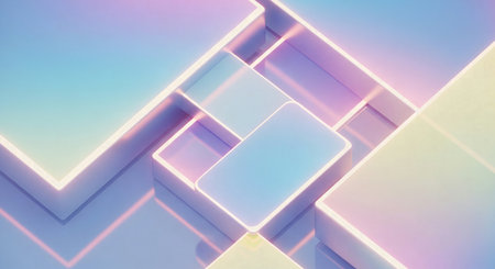 Abstract geometric structure of pastel-colored glass boxes with glowing light outlines and subtle gradientsの素材