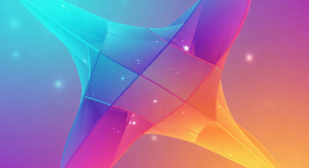Symmetrical Abstract Hourglass Structure in Vibrant Translucent Gradient with Particlesの素材