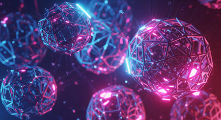 Cluster of complex metallic geodesic spheres with glowing neon pink and blue lights on a dark backgroundの素材