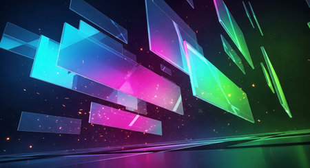 Floating transparent glass panels and abstract rectangles illuminated by vibrant pink, blue, and green neon lightの素材