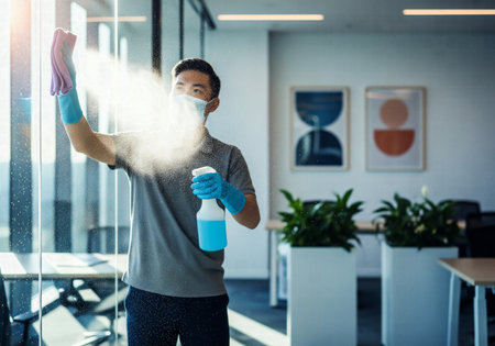 Janitor in Mask and Gloves Cleaning Office Window with Spray Bottle and Cloth against Bright Sunの素材