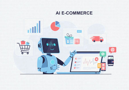 AI Robot Assisting in E-commerce Management and Data Analysis on Laptopの素材