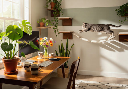 Home Office with Monstera Plant and Cat Jumping on a Wall-Mounted Cat Bridgeの素材