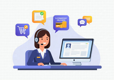 Customer Service Representative with Headset at Computer for E-commerce Helpdeskの素材
