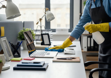Person in Yellow Gloves Cleaning a Laptop and Desk in a Bright Modern Officeの素材