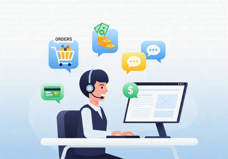 Customer Support Woman with Headset and E-commerce Icons on White Backgroundの素材