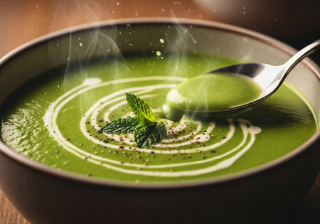 Close-up of vibrant green cream soup garnished with mint, with a spoon taking a scoopの素材