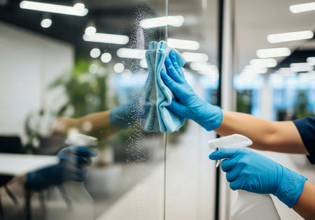 Person in blue gloves cleaning a reflective glass wall or partition with a blue cloth and spray bottleの素材