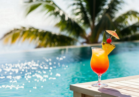 Tropical cocktail with a pineapple and cherry garnish by the edge of an infinity swimming poolの素材