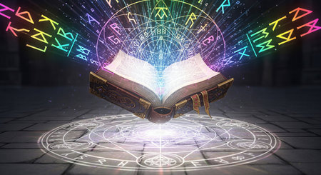 Ancient Spellbook Floating on a Glowing Magic Sigil with Arcane Runesの素材