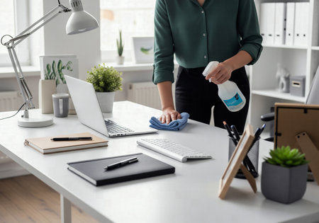 Person Cleaning White Office Desk and Laptop with a Blue Cloth and Sprayの素材