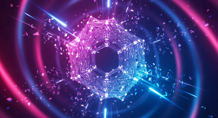 High-energy abstract hexagon framework surrounded by concentric neon light rings and laser beamsの素材