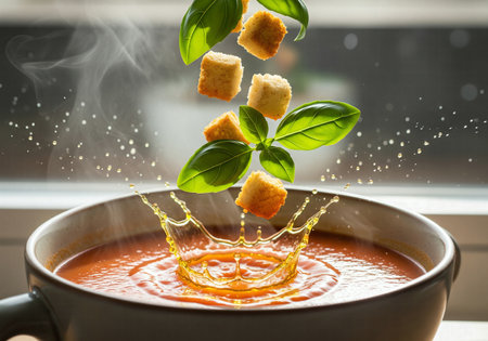Hot tomato soup splashing as basil leaves and croutons fall into the bowl near a windowの素材