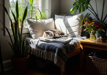 Cozy Indoor Reading Nook by a Sunny Window with a Cat Napping on a Bookの素材