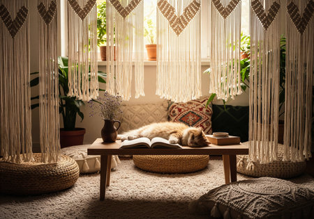 Bohemian Living Room with Macrame Curtains, Houseplants, and a Cat Napping on a Tableの素材