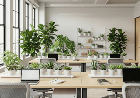 Bright Modern Office Interior with Desks and Abundant Houseplants for Biophilic Designの素材