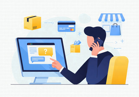 Man on Phone with Computer Facing E-commerce Icons and Customer Query Chat Boxの素材