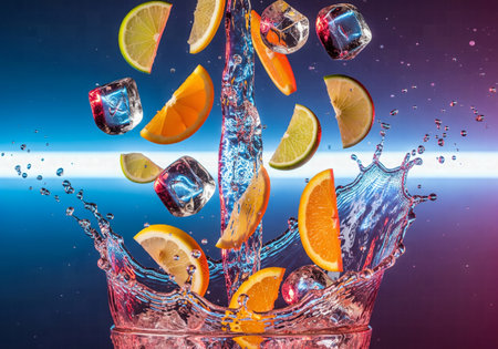 Dynamic splash of citrus slices and ice cubes in water with a dramatic dual-color neon backgroundの素材