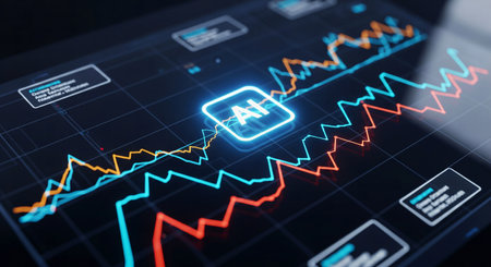 An Artificial Intelligence (AI) powered data analytics dashboard showing fluctuating line graphs on a futuristic interface.の素材