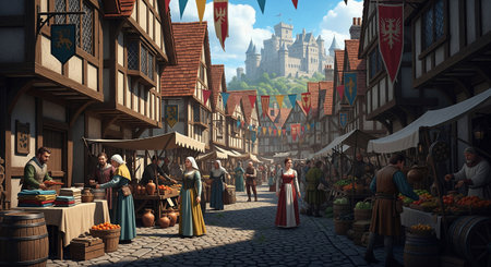 A vibrant medieval market on a cobblestone street, with timber-framed houses and a grand castle overlooking the town.の素材