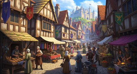A bustling medieval market street filled with vendors and townspeople, with a majestic castle visible on a hill in the background.の素材