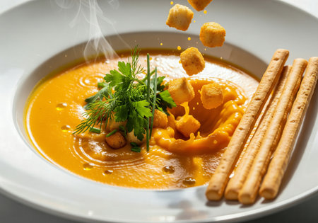 Creamy orange soup with falling croutons and fresh parsley, creating a splash ripple effectの素材